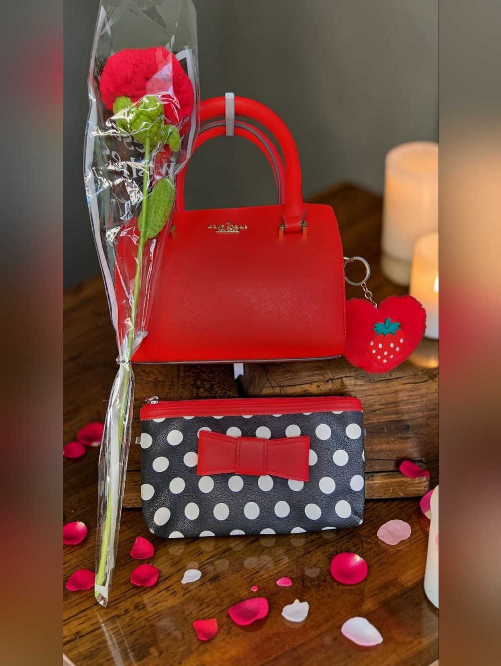 Kate Spade New York Grace Satchel In Flame Scarlet With Charm, Pouch & Rose